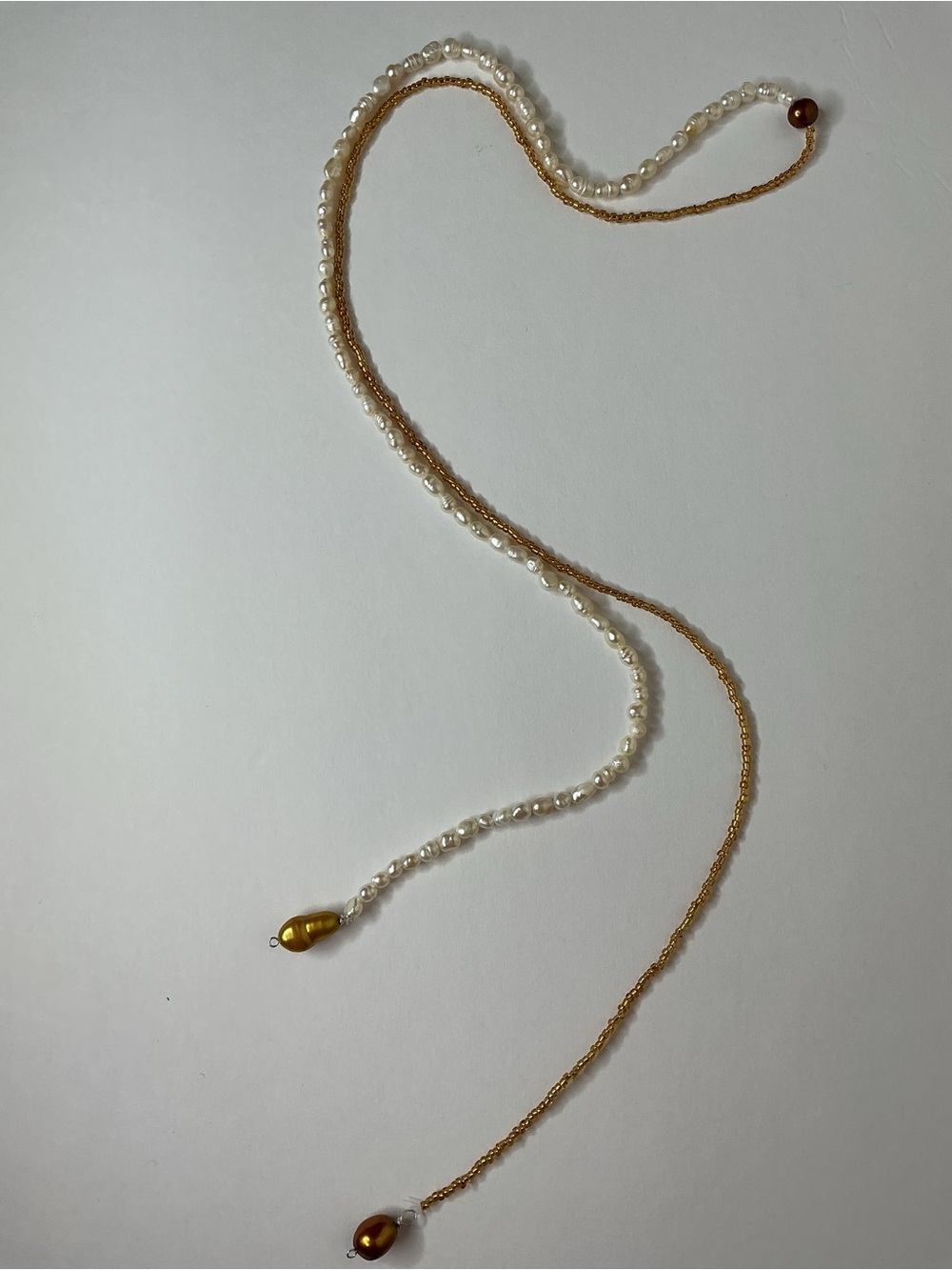 Long Dual-Chain Pearl and Gold Drop Necklace - Ivory and Gold Handmade by me.